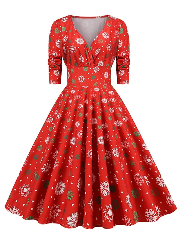 1950s Christmas V-Neck Mid-Sleeve Dress