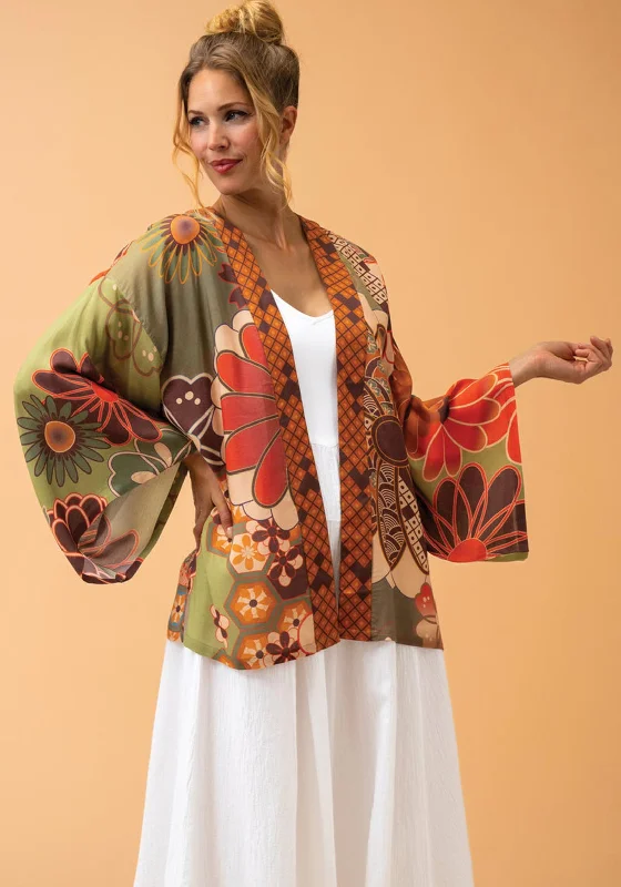 Powder 70s Kaleidoscope Floral Kimono Jacket, Sage Sleeveless Short Sleeve Long Sleeve