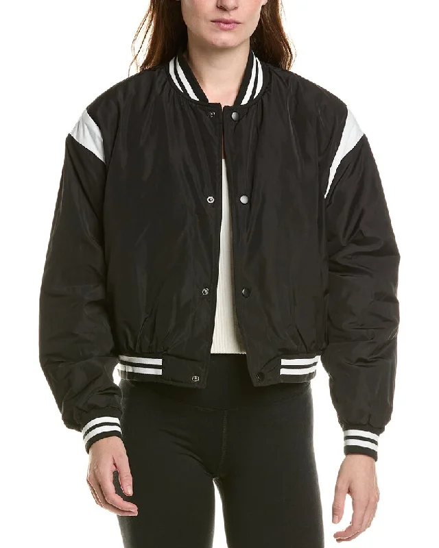 Ivl Collective Cropped Varsity Bomber Jacket Pleated Ruffled tiered