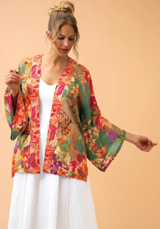 Powder Birds and Blooms Kimono Jacket, Sage Blouse Shirt Tunic