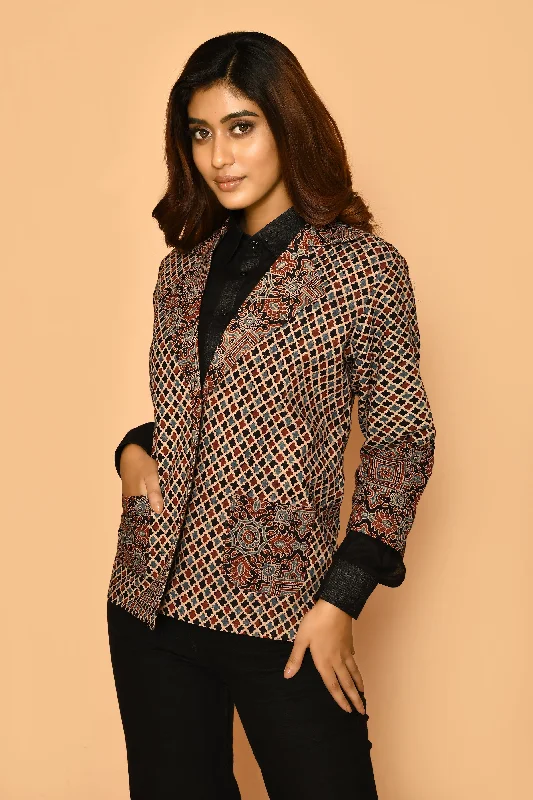 Black Ajrakh Printed Cotton Coat Blazer