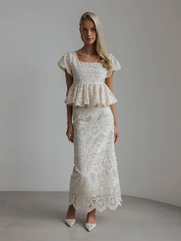 Ivory Lace Peplum Top and Skirt Set Women's Long Blazer