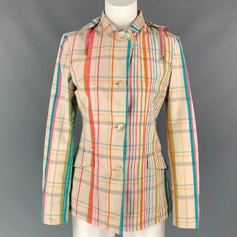 LORO PIANA Size 4  Multi-color Plaid Cotton / Silk Detachable Hood Jacket Women's Radiation Jacket