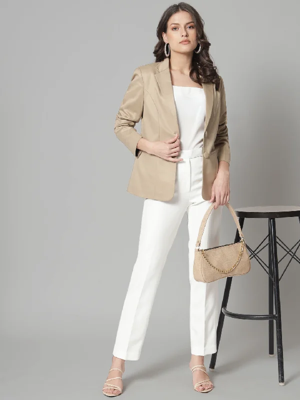 Beige Polyester Notch Collar Polly Cotton Blazer Women's Professional Jacket