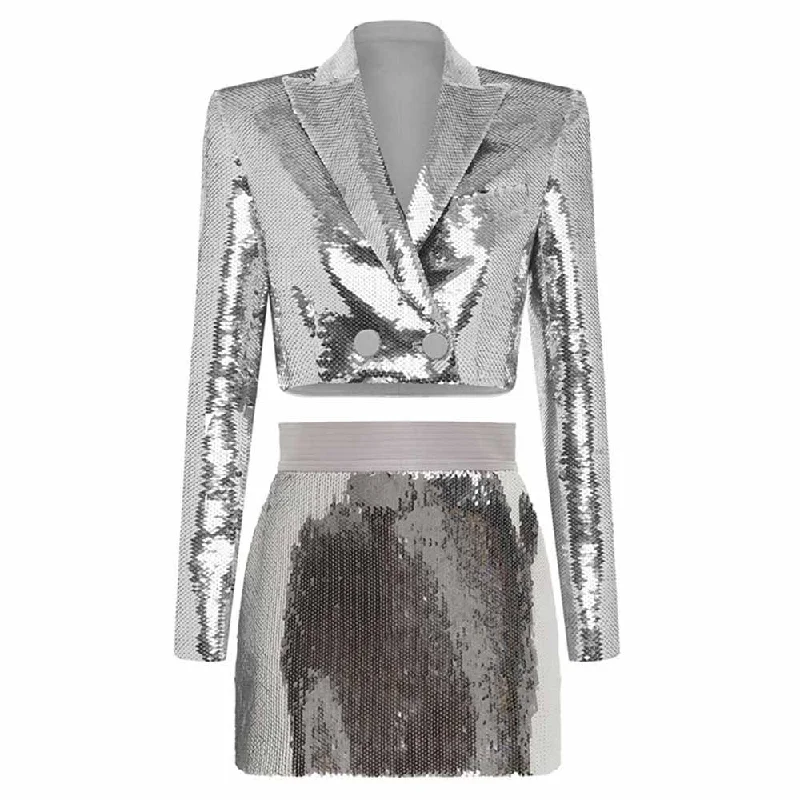 Women Sequin Silver V-Neck Long Sleeve Skirt Suit Clubwear Two Pieces BLING BLING Party Suits Women's Trench Blazer